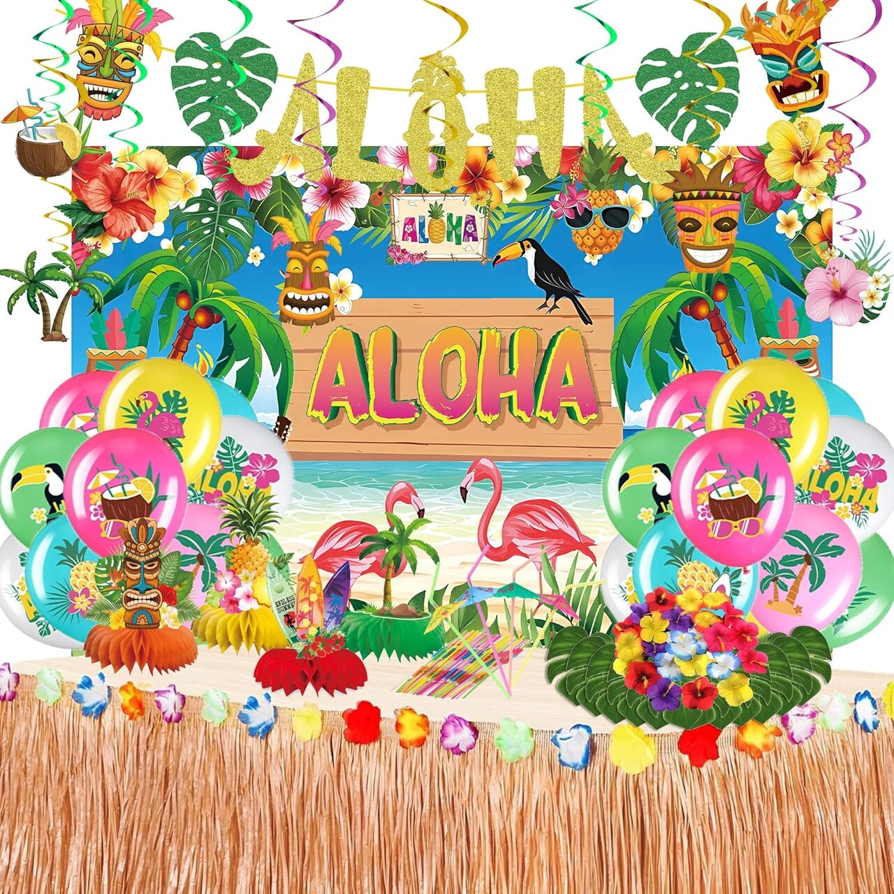 101PCS Hawaiian Themed Party Decorations Set, Tropical Beach Aloha Summer Party Supplies